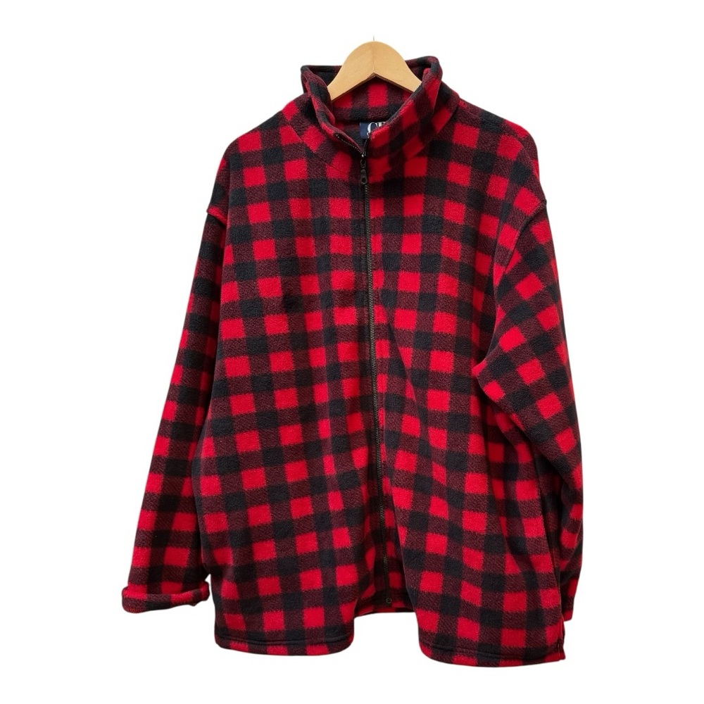 CB‎ Casual Mens XL Red Black Buffalo Plaid Full Zip Fleece Jacket Mock Neck
